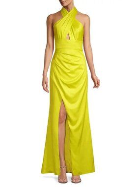 Liv Foster Chartreuse Satin Halter Maxi Gown High Slit